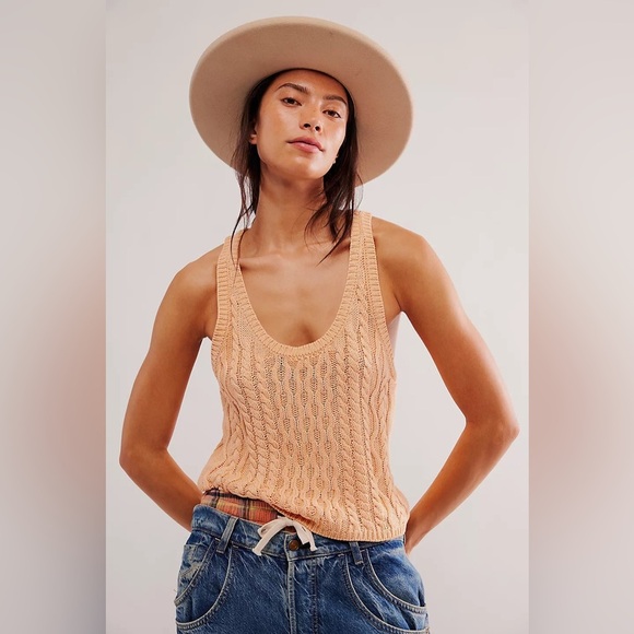 Free People High Tide Cable Tank in Tender Peach - Picture 1 of 4